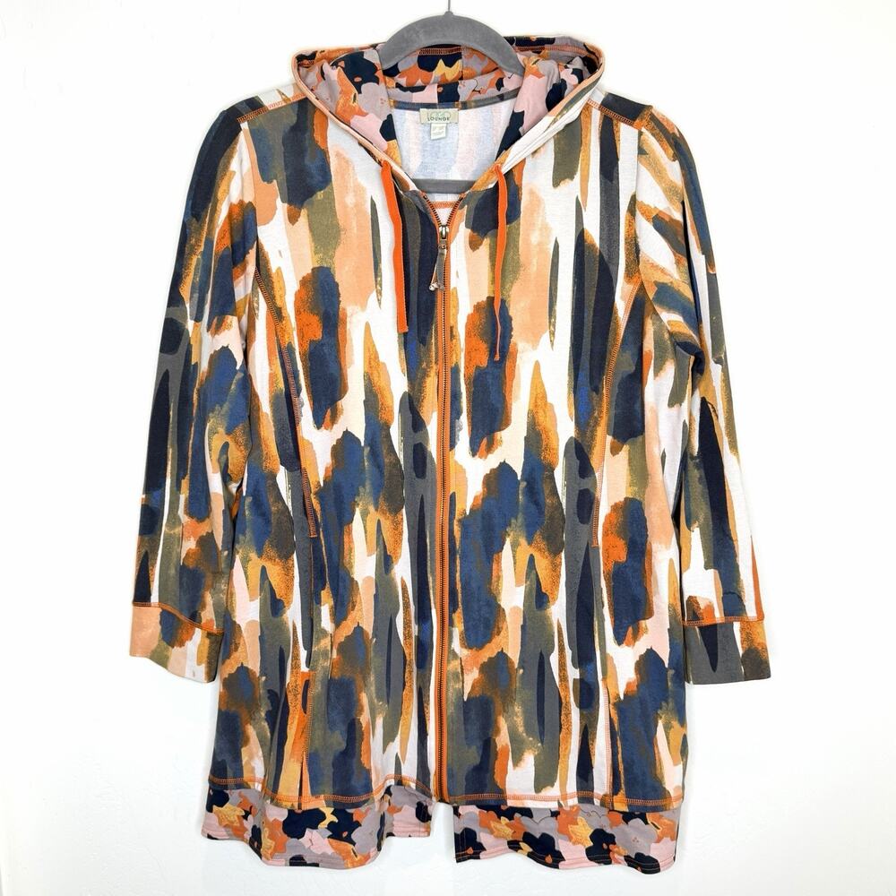Logo Lounge Hooded Full Zip Jacket Womens Plus 2X Orange Blue Print Hoodie